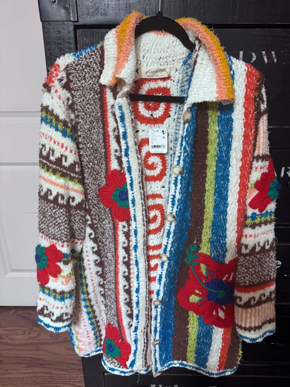 Free People White Cardigan with Red and Blue Crochet Accents